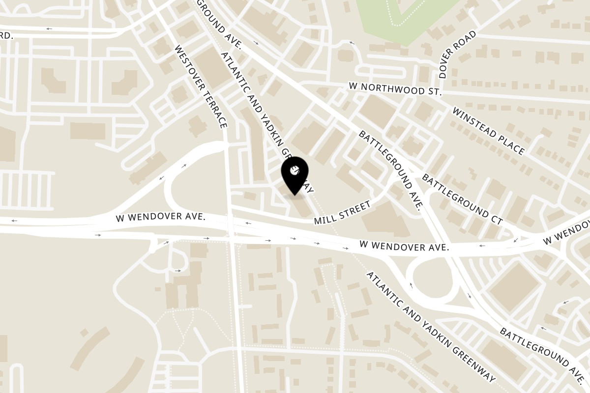 Map showing the location of Saffron Indian Cuisine on 1500 Mill St #104 in Greensboro
